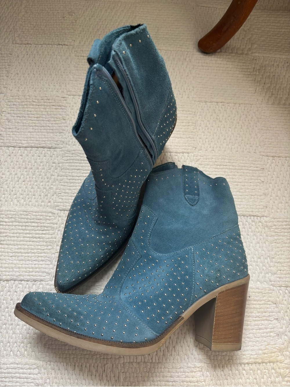 Women's Teal Suede Studded Western Ankle Boots